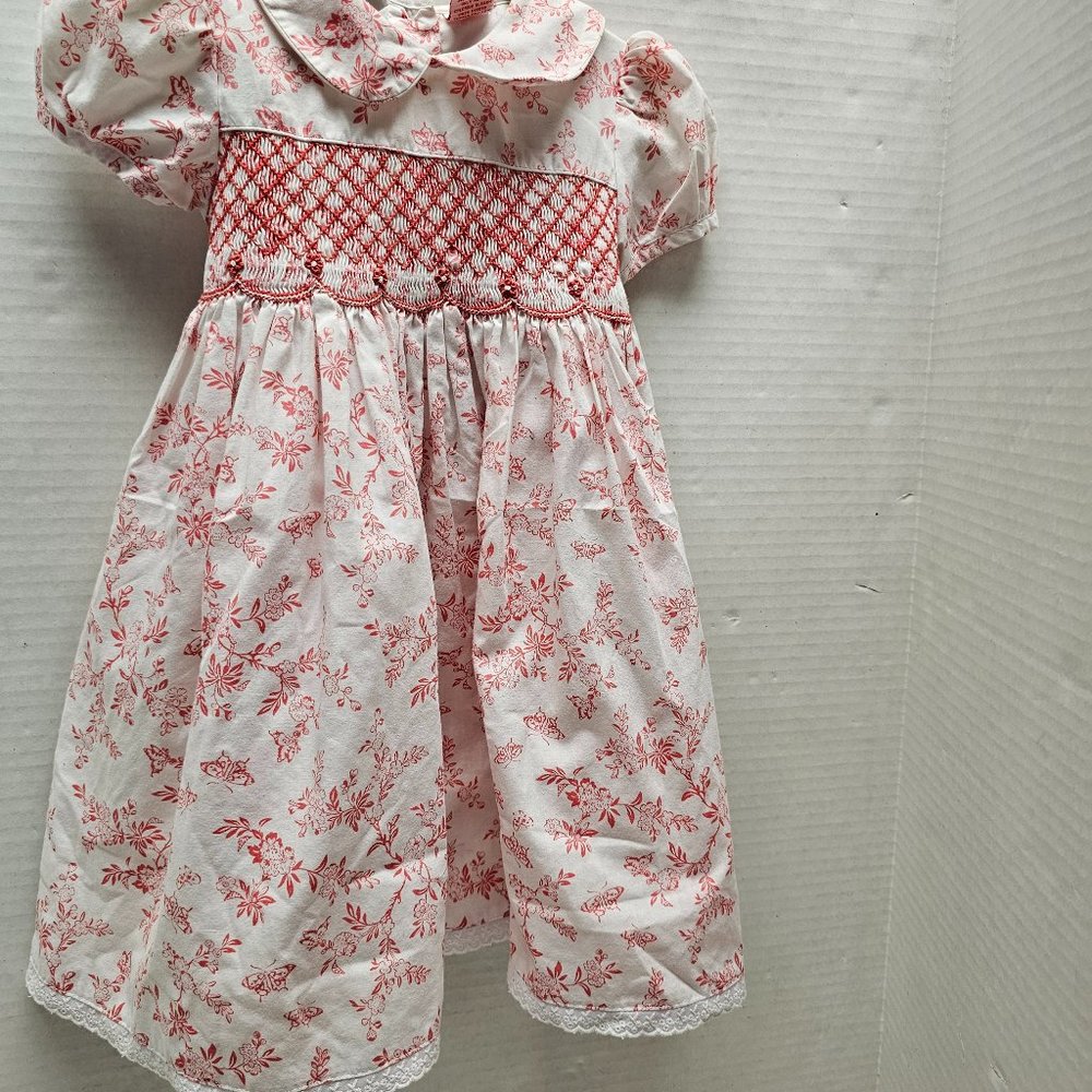 UR It Girls Smocked Embroidered Bishop Dress Red White Floral Butterfly 2T
